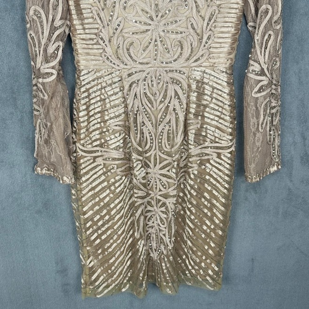 Sue Wong Dress Womens 4 Beige Beaded Long Sleeve Cocktail Wedding Guest Gala - Picture 7 of 15